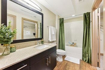 A bathroom with a sink and a toilet and a shower